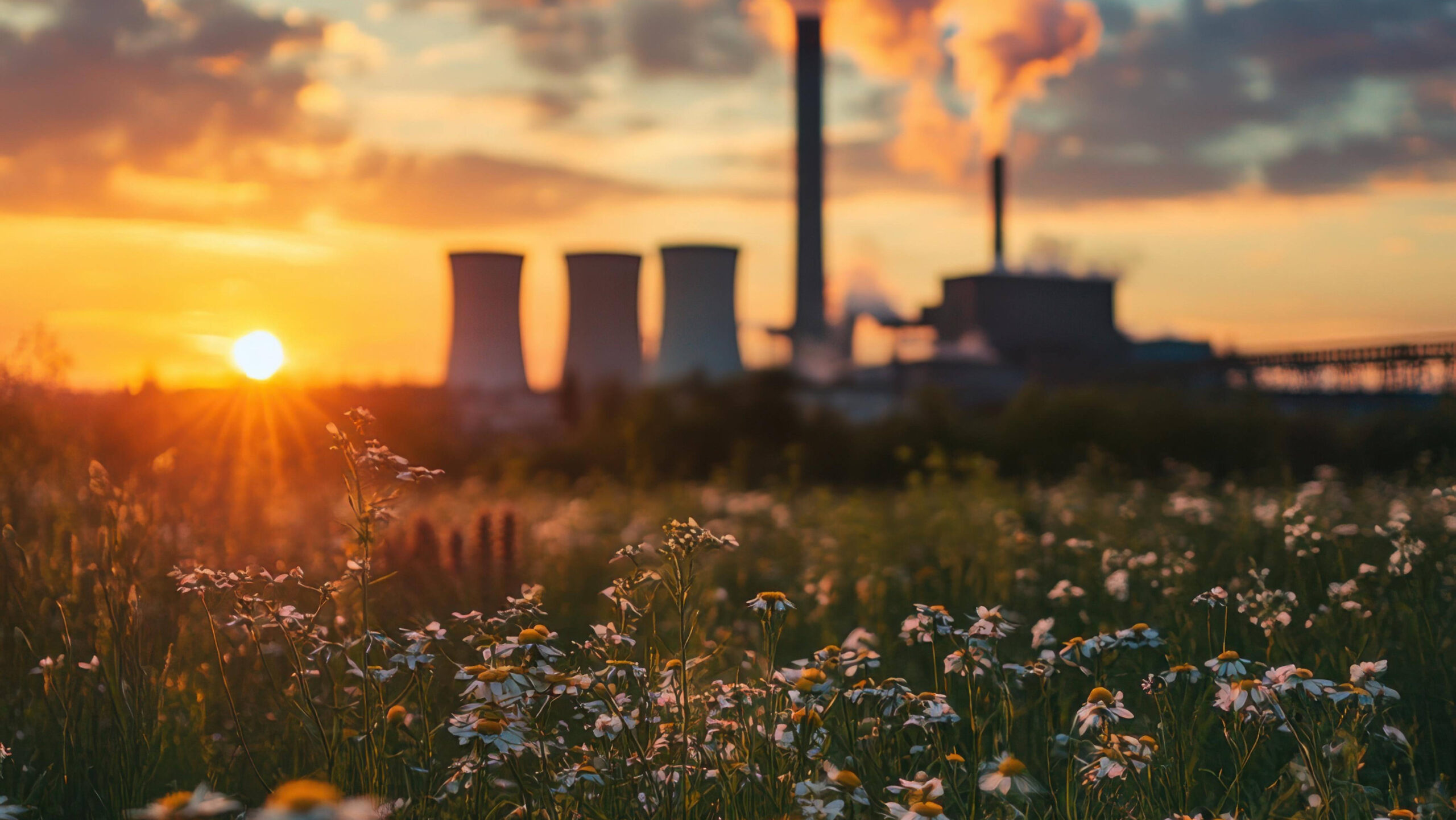 Industrieanlage und blühende Wiese im Sonnenaufgang als Symbolbild für ETS-Reform Integration von Carbon Removals