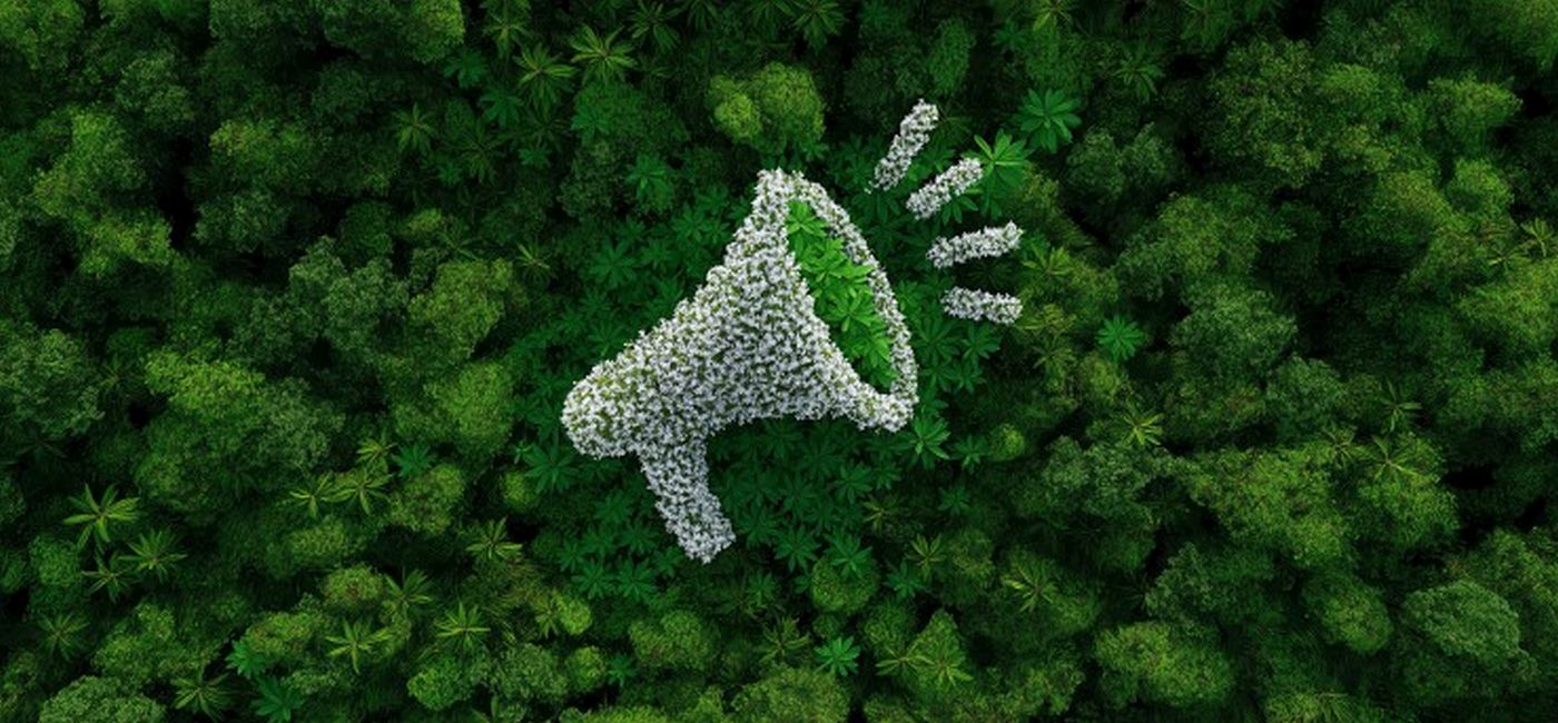 Ein Megaphon aus Blüten vor grünen Blättern als Symbol für EmpCo - Prüfung von Umweltaussagen