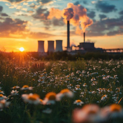 Im Vordergrund eine Wiese mit einer Fabrik im Sonnenuntergang im Hintergrund symbolisiert das Thema Carbon Removals.