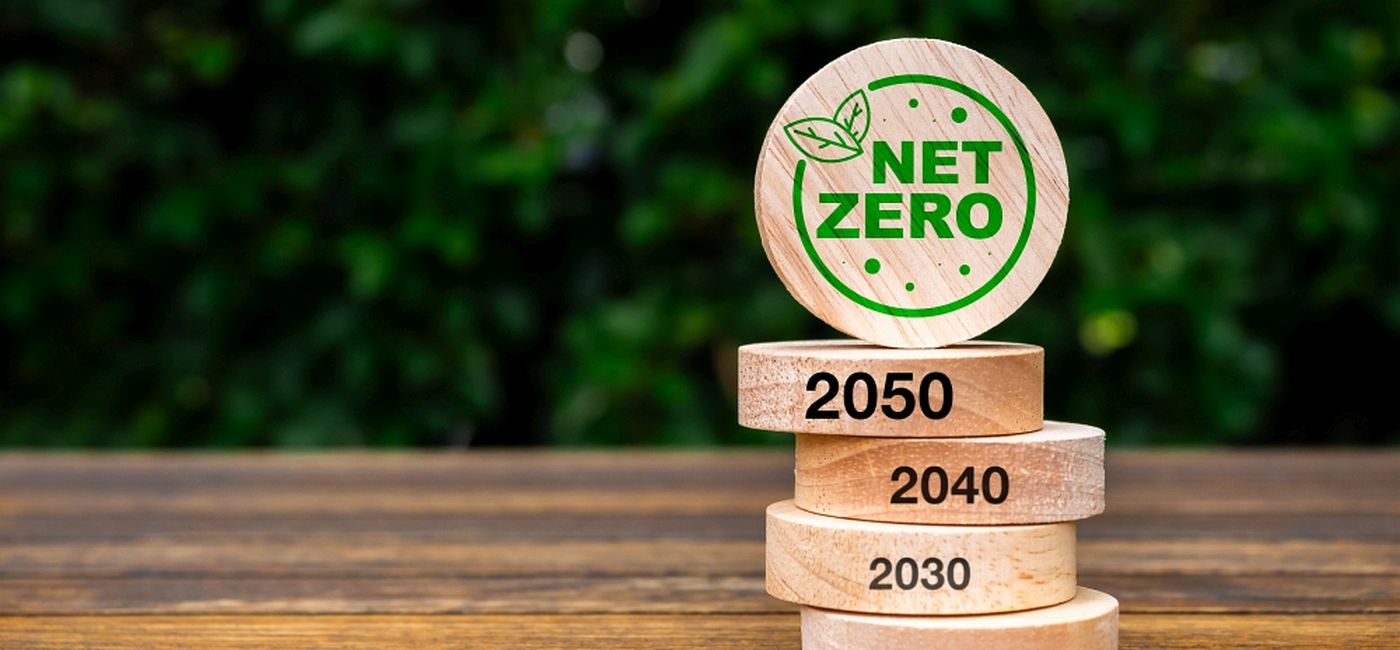 Net Zero-Symbol auf einem Stapel runder Holzklötze mit den Jahreszahlen 2010 bis 2050 auf Holzhintergrund symbolisieren den FutureCamp Artikel zu SBTi Net-Zero Standard V2.0